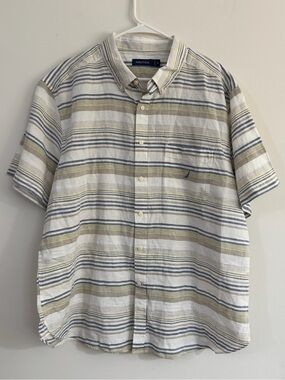 Nautica Men's SS Men's Linen XXL  Sail White Button Down Stripe Beachy NWT
